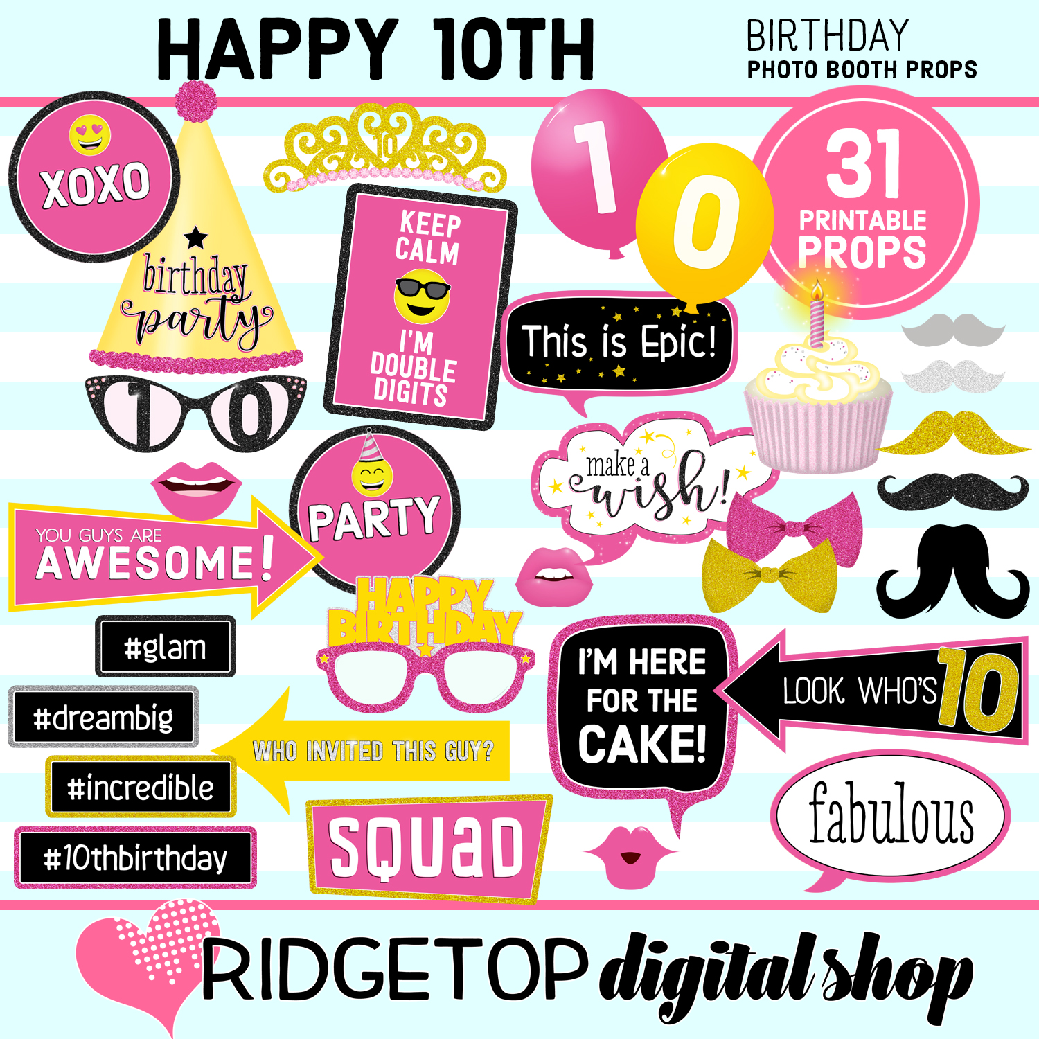 10th Birthday Pink and Yellow Photo Props