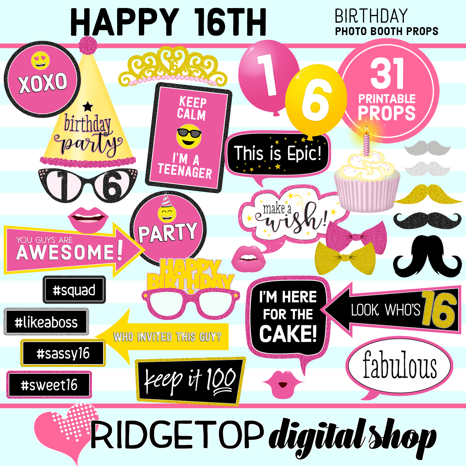 16th Birthday Pink and Yellow Photo Props