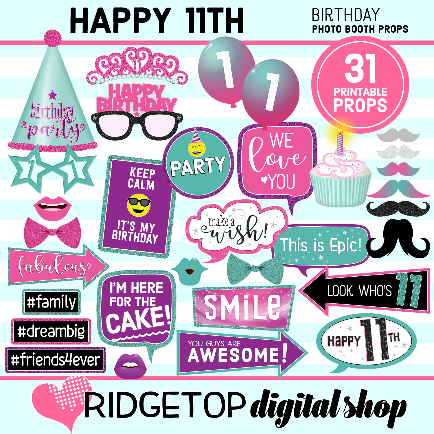 11th Birthday Pink Purple Turquoise Photo Props
