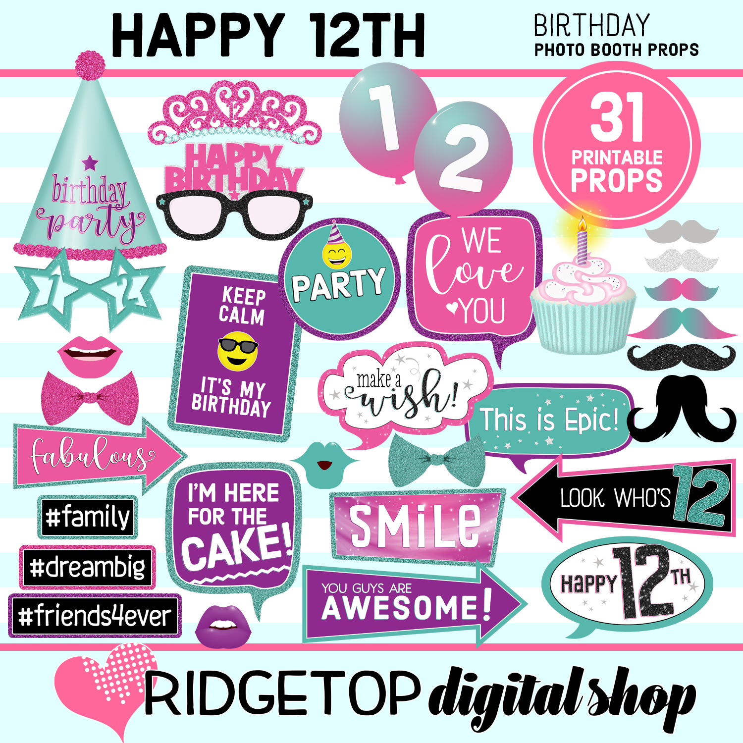 12th Birthday Pink Purple Turquoise Photo Props