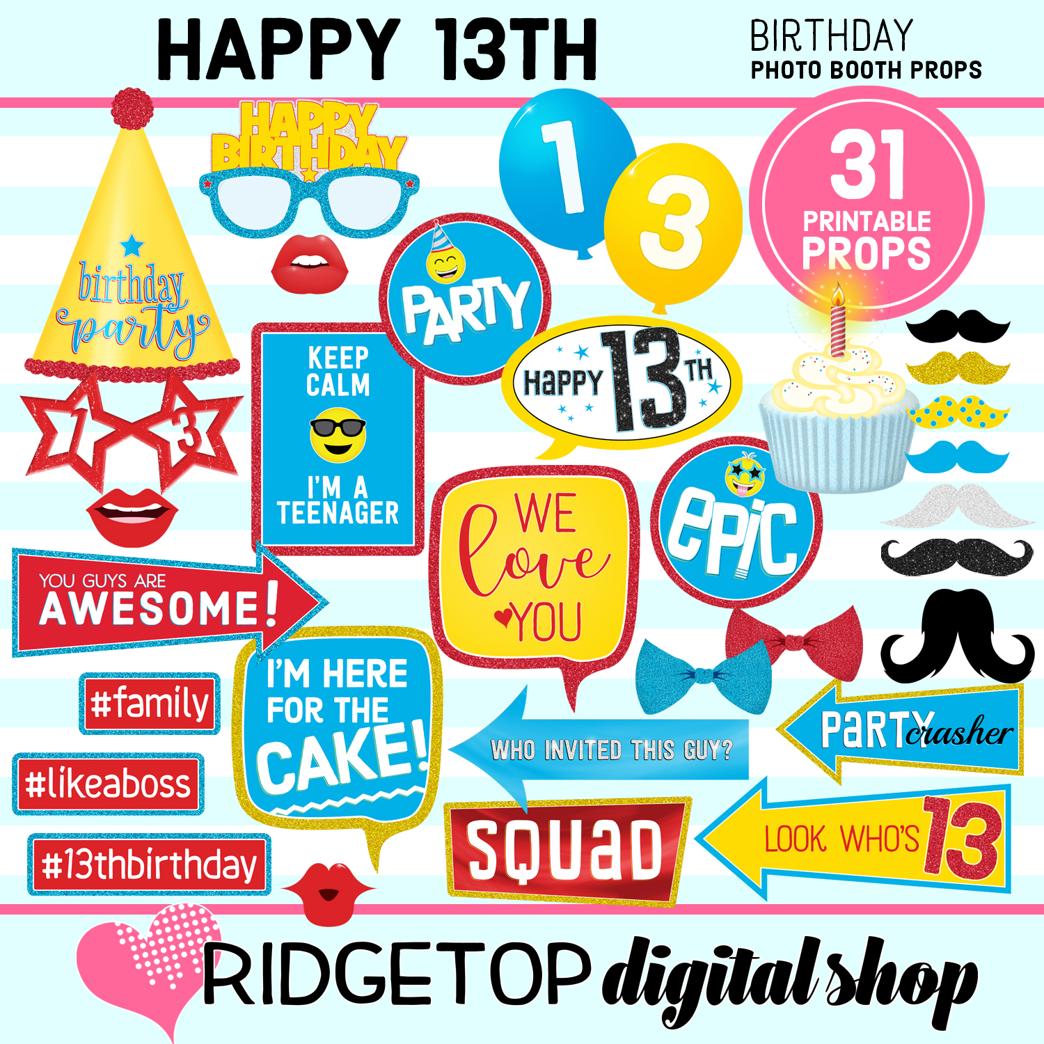 13th Birthday Red, Blue, and Yellow Photo Props
