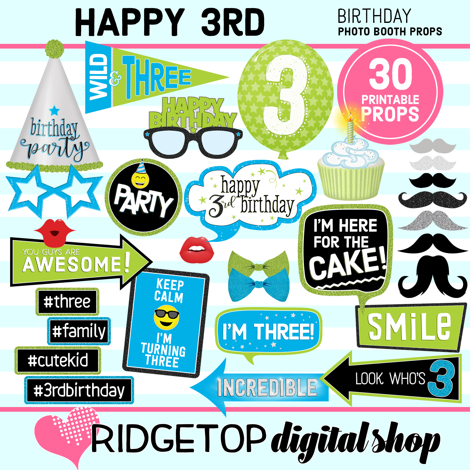 3rd Birthday Blue and Lime Photo Props