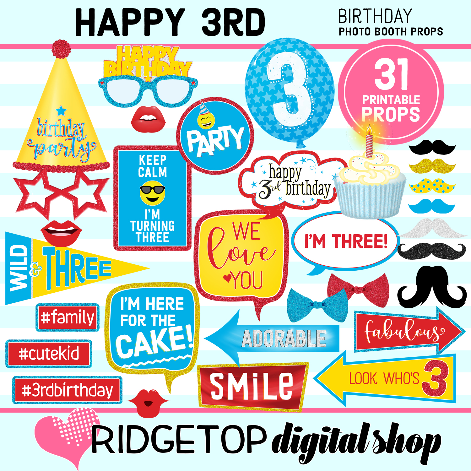 3rd Birthday Red, Blue, and Yellow Photo Props