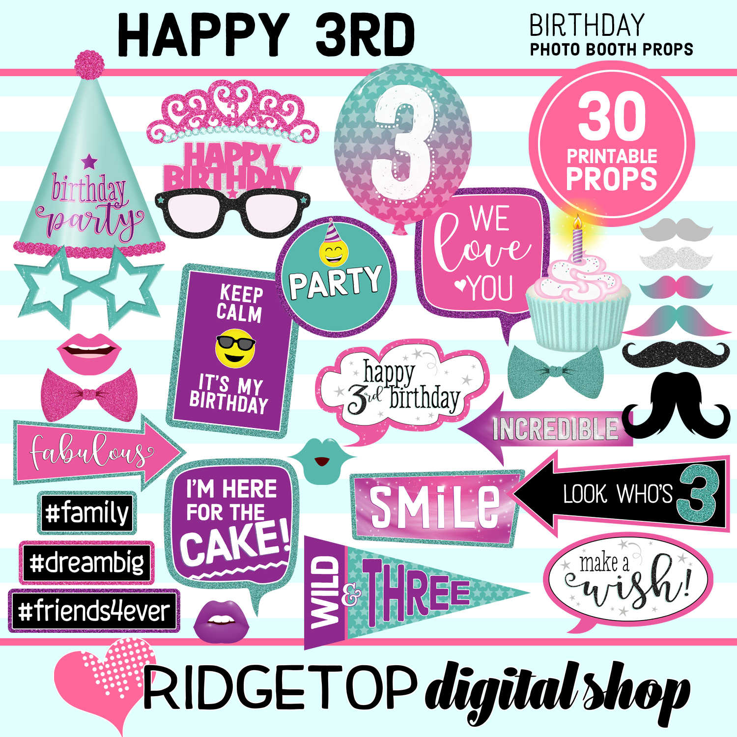 3rd Birthday Pink Purple Turquoise Photo Props