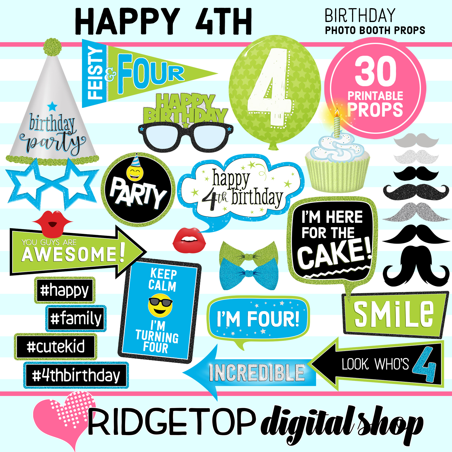 4th Birthday Blue and Lime Photo Props