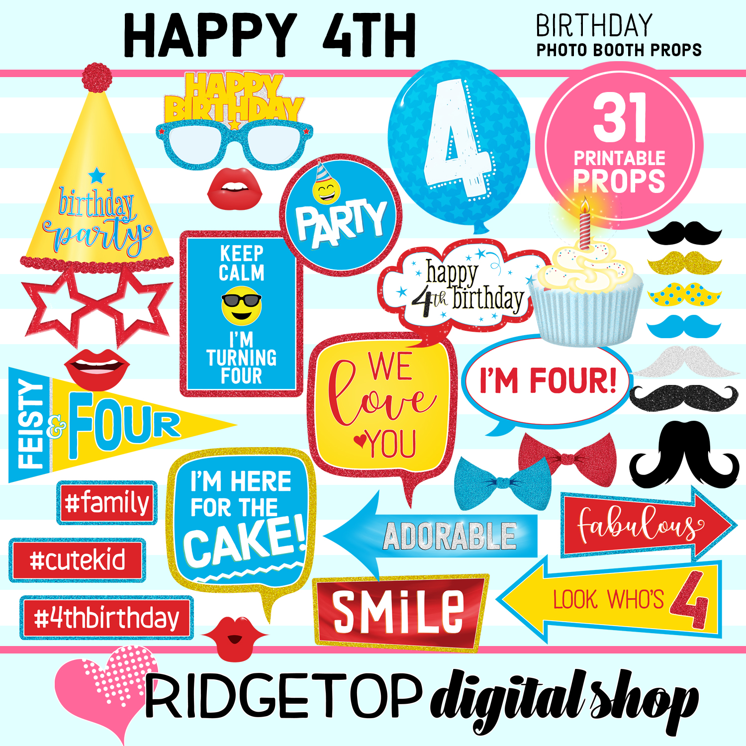 4th Birthday Red, Blue, and Yellow Photo Props