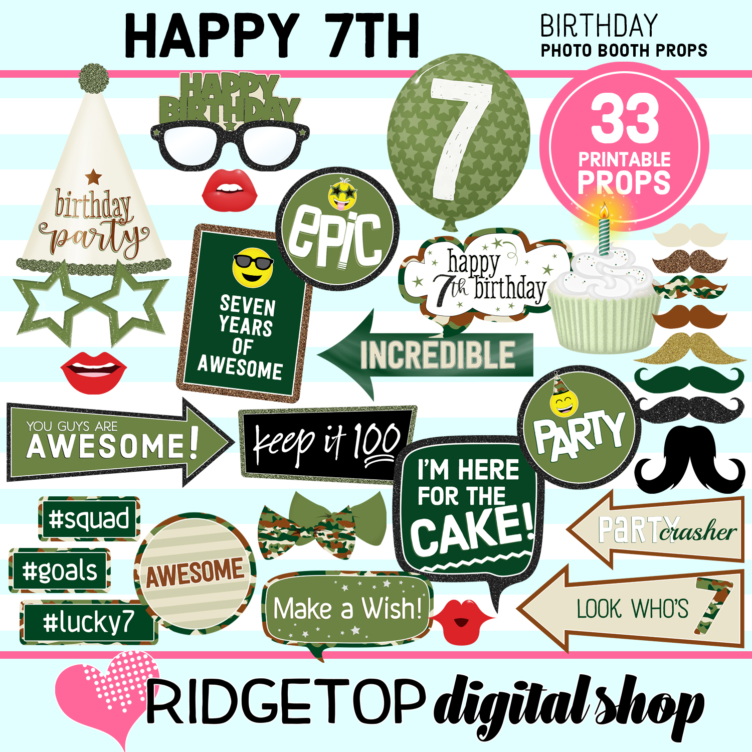 7th Birthday Camouflage Photo Props