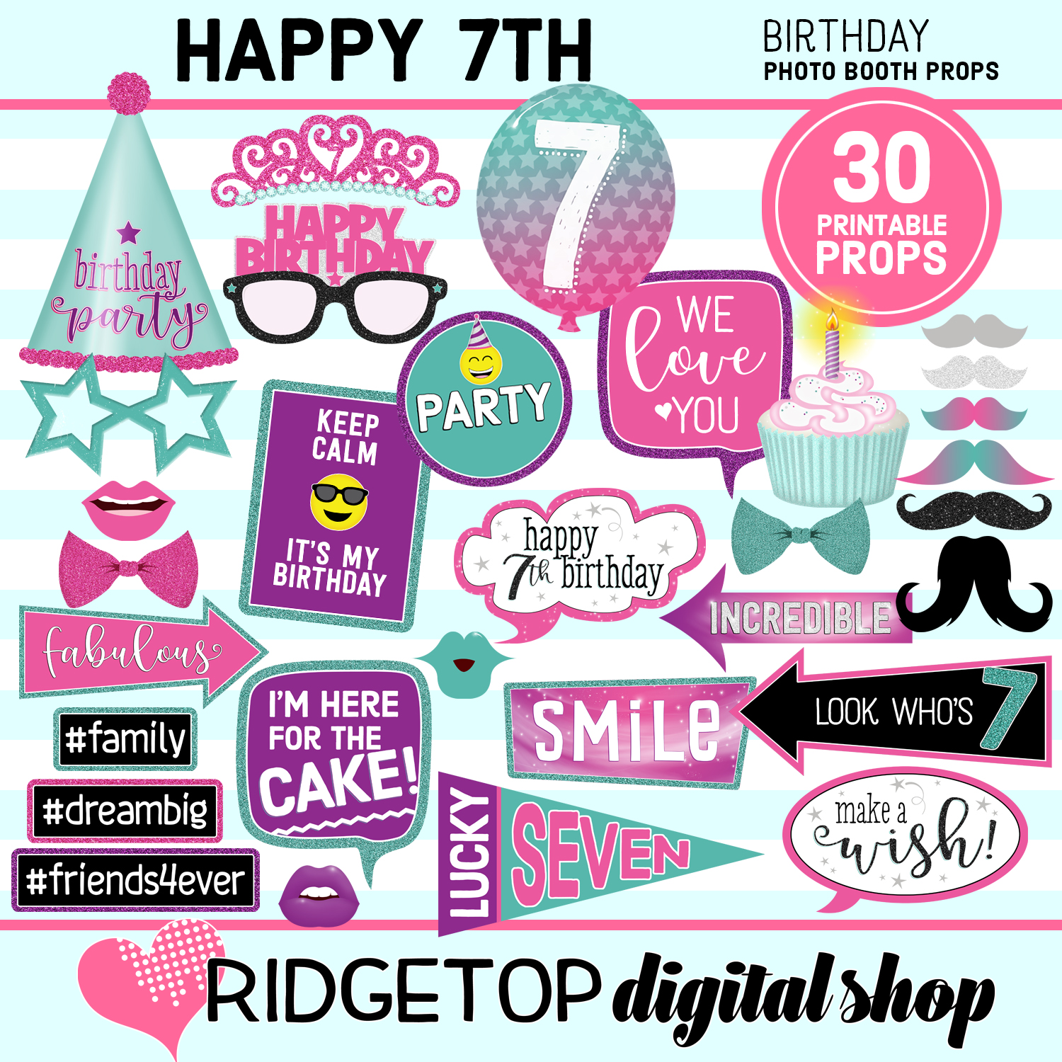 7th Birthday Pink Purple Turquoise Photo Props