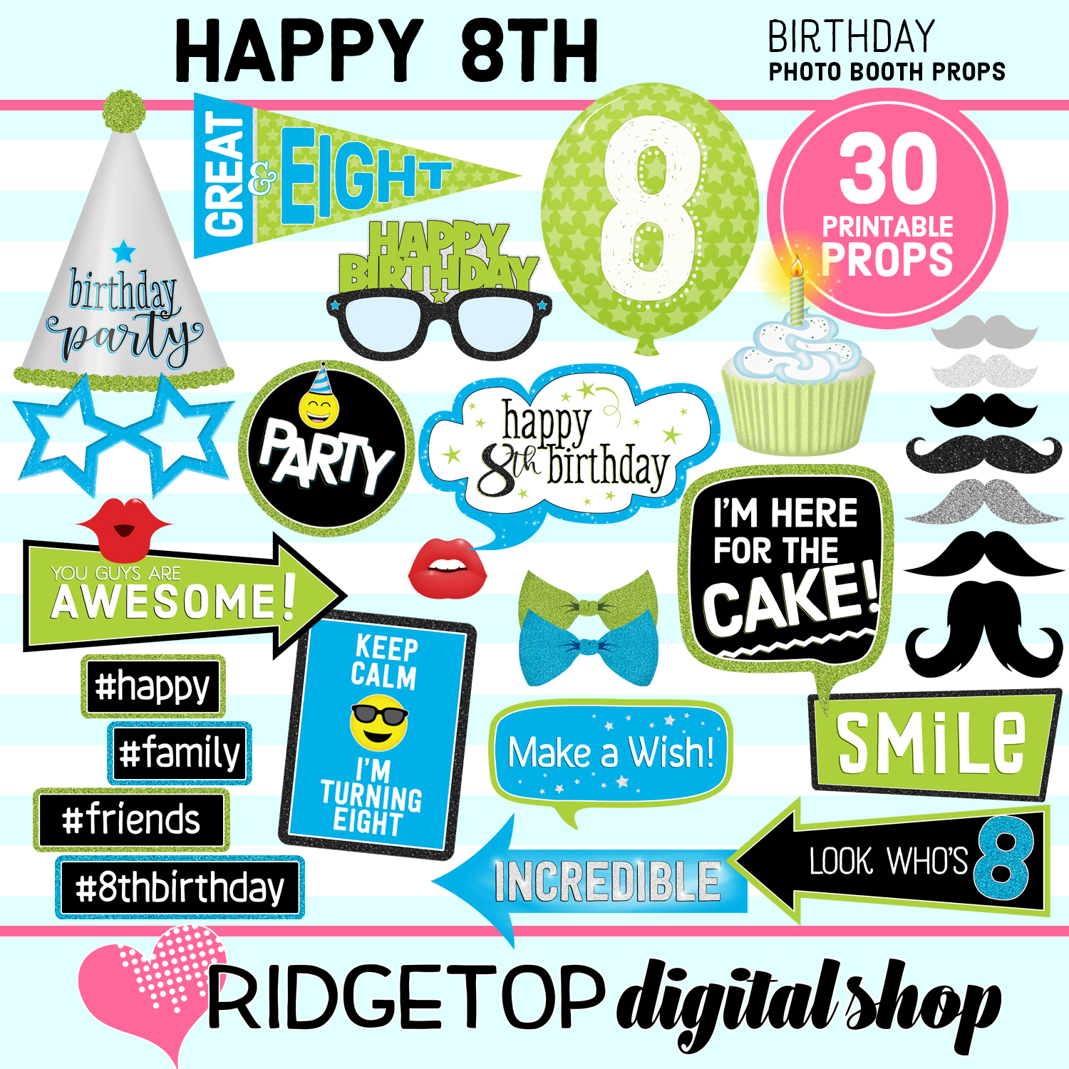8th Birthday Blue and Lime Photo Props