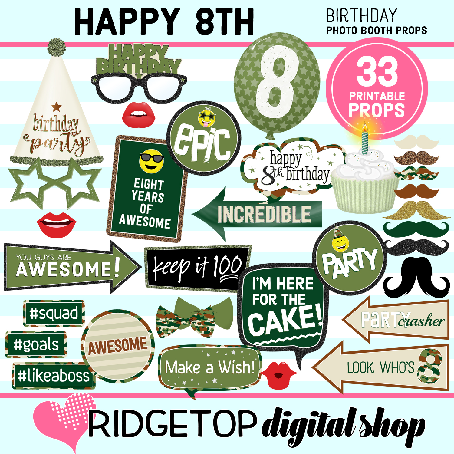 8th Birthday Camouflage Photo Props