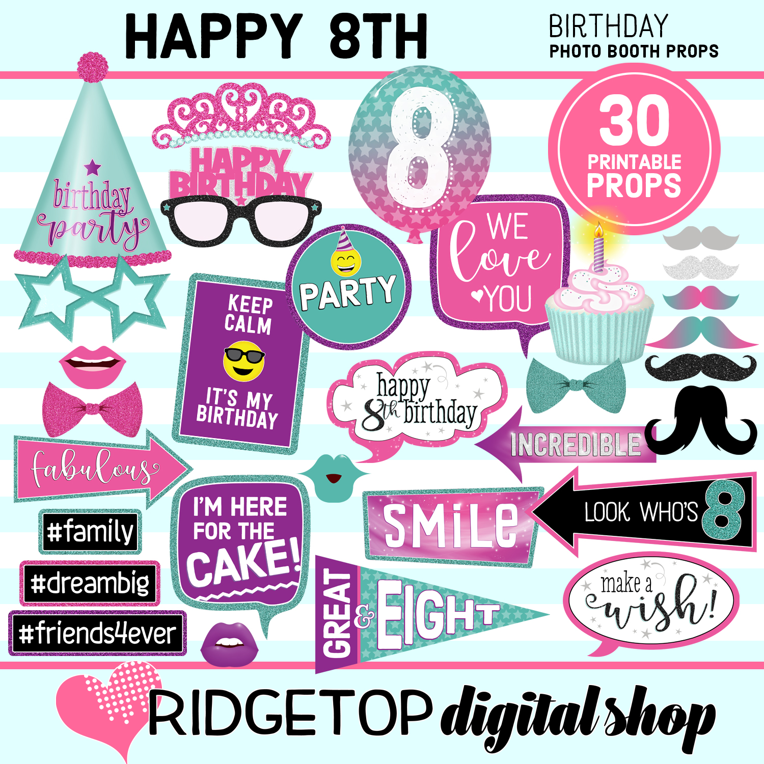 8th Birthday Pink Purple Turquoise Photo Props