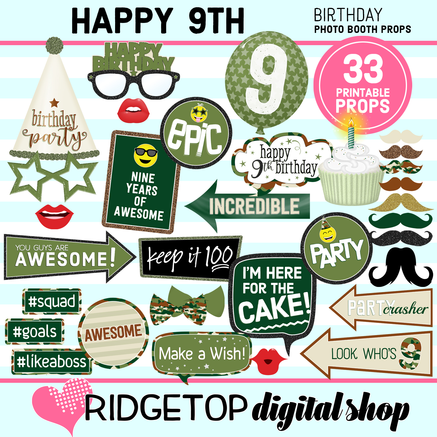 9th Birthday Camouflage Photo Props