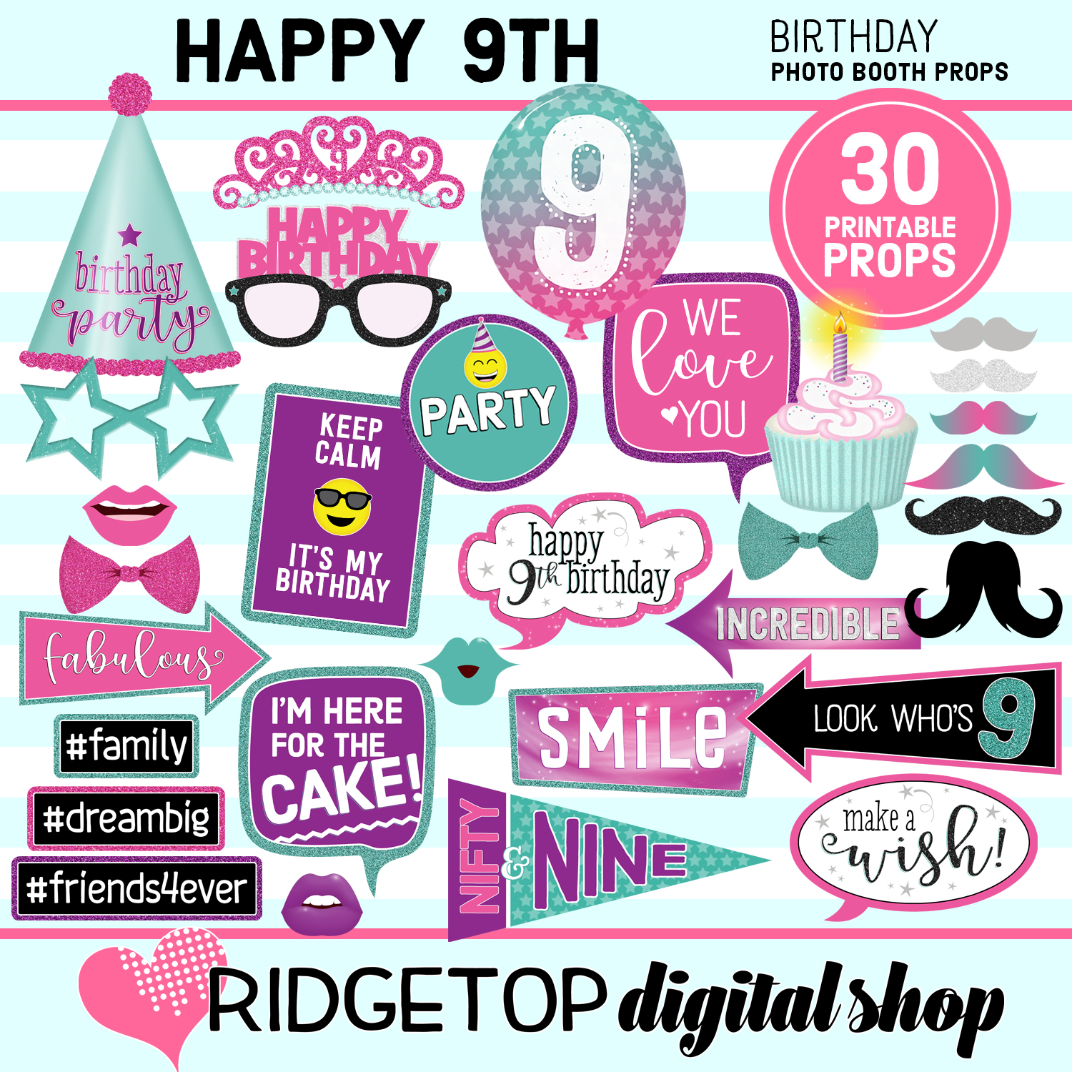 9th Birthday Pink Purple Turquoise Photo Props