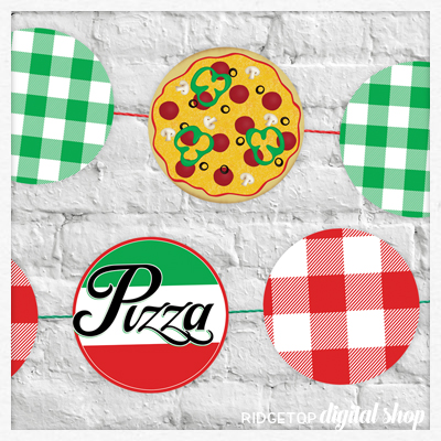 Pizza Party Garland and Cupcake Toppers Free Printable